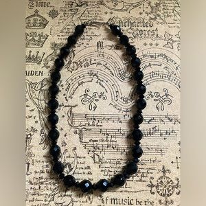 Vintage Czech faceted black glass necklace, 15 inches